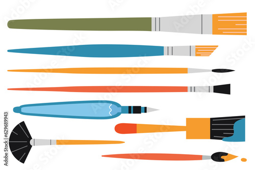 Set of various paint brushes, cartoon style. Painting tools elements, Art supplies. Trendy modern vector illustration isolated on white background, hand drawn, flat design
