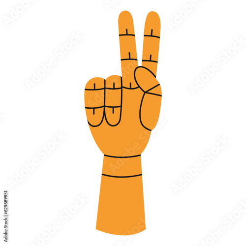 Wooden articulated figure manikin hand for learning to draw, cartoon style. Fingers showing gesture v-sign. Art supplies. Trendy modern vector illustration isolated on white, hand drawn, flat design