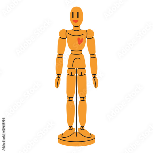 Wooden Mannequin for learning to draw, cartoon style. Art supplies. Trendy modern vector illustration isolated on white background, hand drawn, flat design