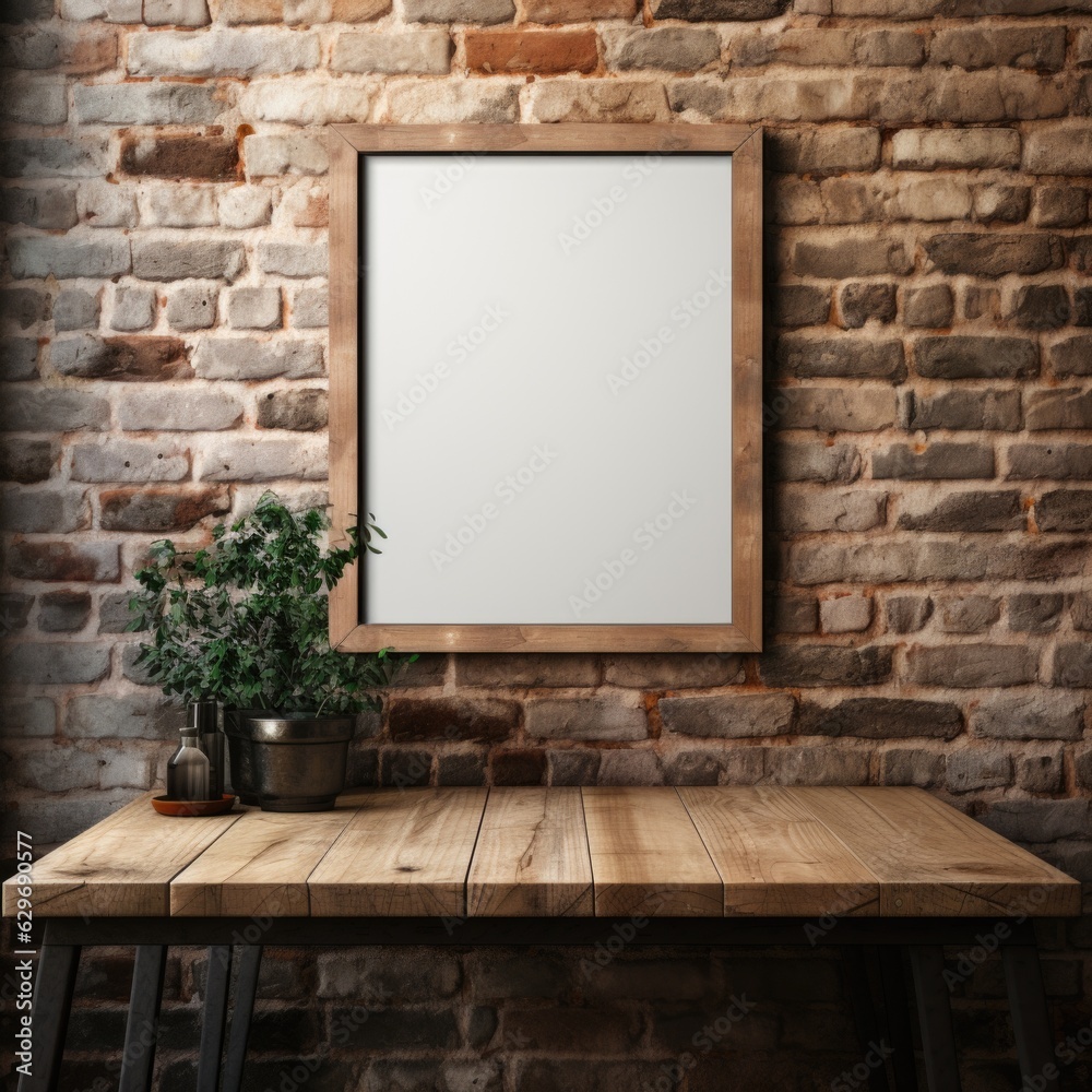A mockup frame of wood, leaned against a sturdy brick wall, offering an inherent rustic warmth. Generative AI A mockup frame of wood, leaned against a sturdy brick wall, offering an inherent rustic warmth. Generative AI