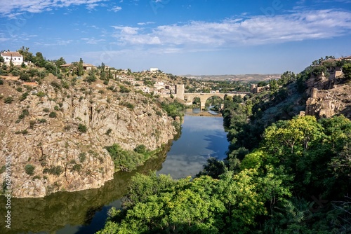 toledo, spain, tajo, river, bridge, summer, heat, sunny, sky, blue, architecture, city, town, landscape, building, village, europe, view, travel, house, italy, ancient, old, medieval, tourism, panoram