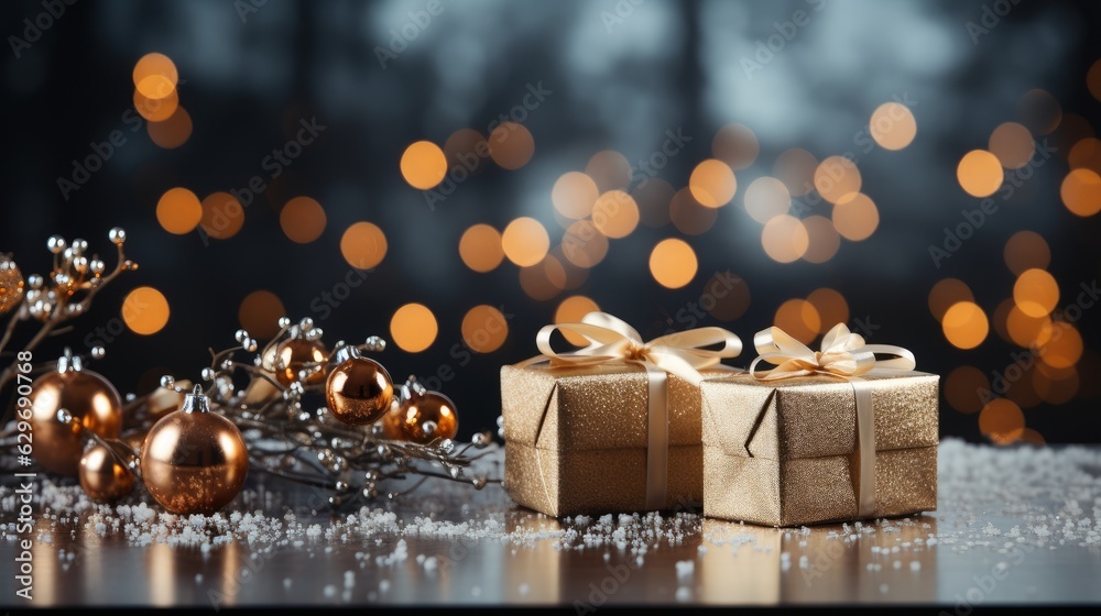 Christmas banner with decorations and gift boxes. Generative AI