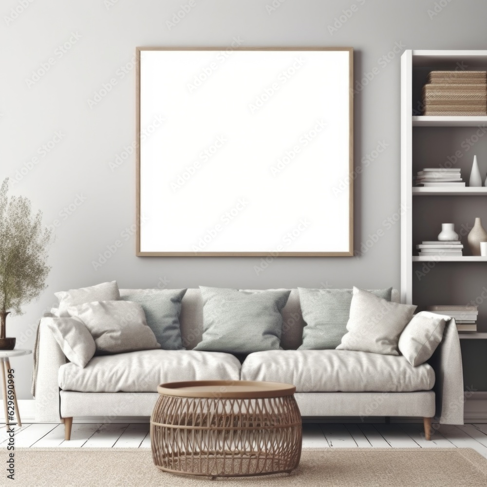 A frame mockup beautifully displayed on a pristine white wall. Generative AI