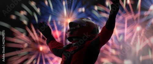 Silhouette portrait of race car pilot celebrating a win against fireworks