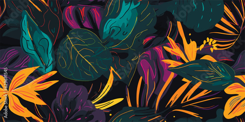 Modern exotic jungle plants illustration pattern. Contemporary floral seamless pattern. Fashionable template for design.