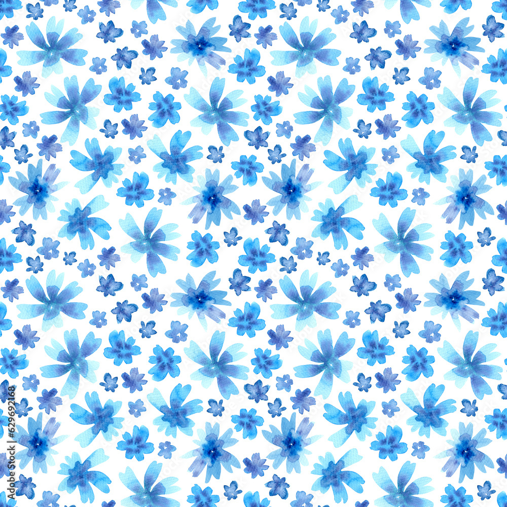 Watercolour delicate blue flowers seamless pattern, hand drawn illustration. Floral on white background.	