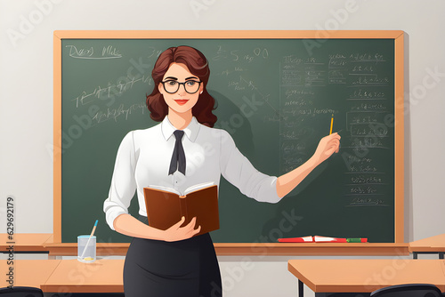 teacher with glasses and strict hairstyle stands at blackboard and teaches, , genrative AI