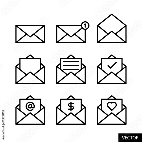Email, electronic mail vector icon set in line style design for website, app, UI, isolated on white background. Editable stroke. Vector illustration.