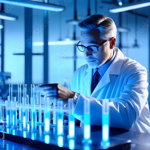 45 year old scientist works with test tubes, genrative AI