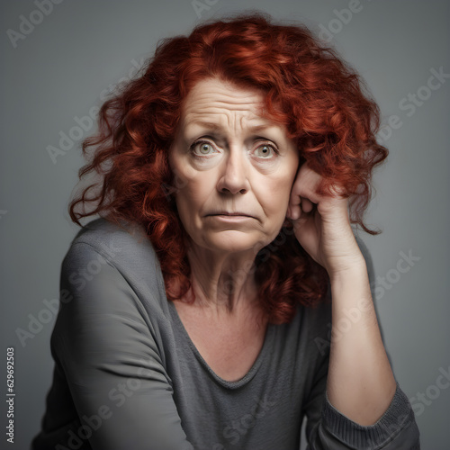55 year old woman with red curls looks worried and thoughtful, genrative AI