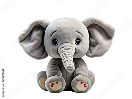 smiling elephant, full figure - plush toy, transparent background. Generative AI.