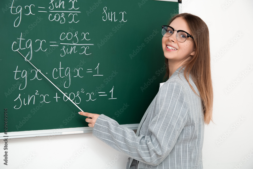 Young math teacher with pointer near blackboard in classroom