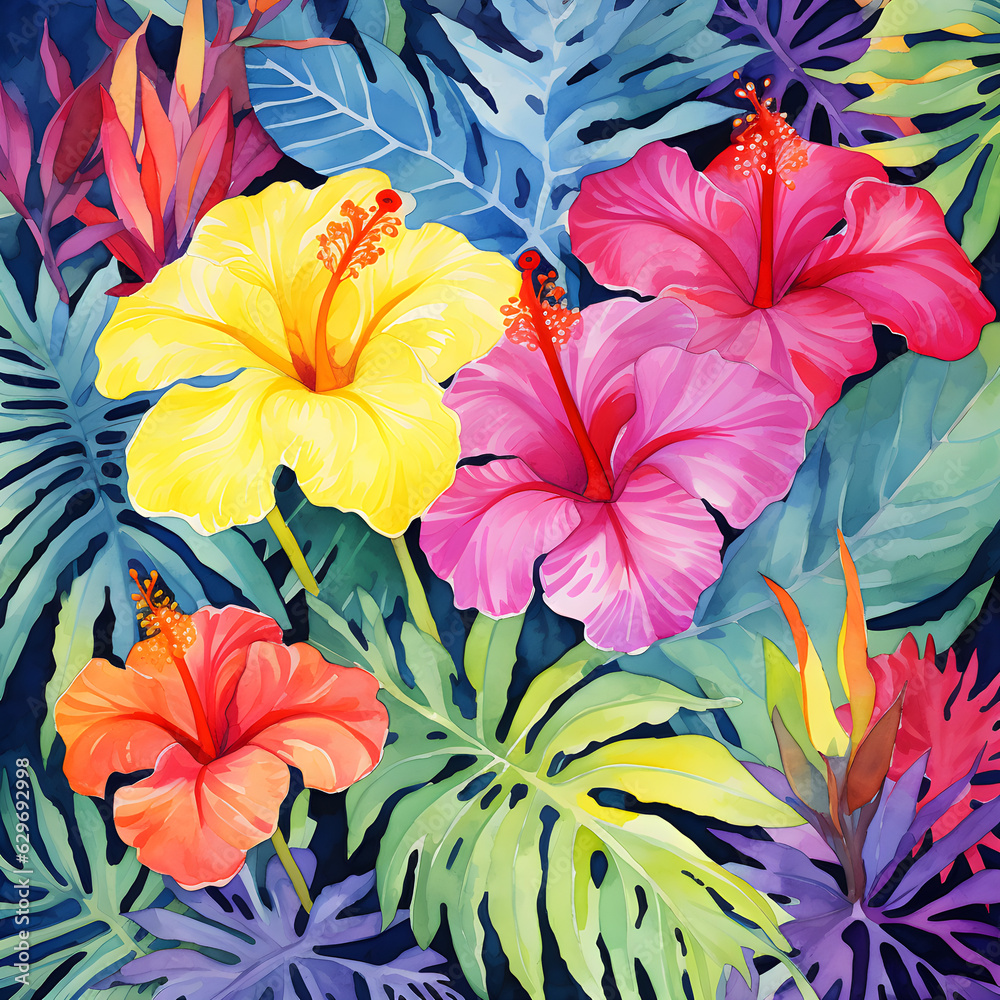 tropical leaves and hibiscus patterns