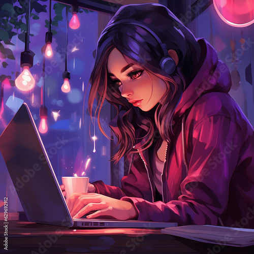 Female IT Specialist working or gaming on laptop on neon background