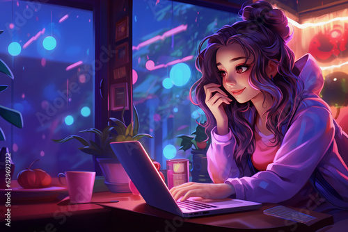 Female IT Specialist working or gaming on laptop on neon background