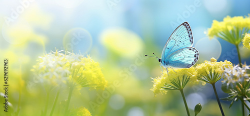 Macro of beautiful butterfly flying near flowers in spring at sunrise on light background. Banner, copy space