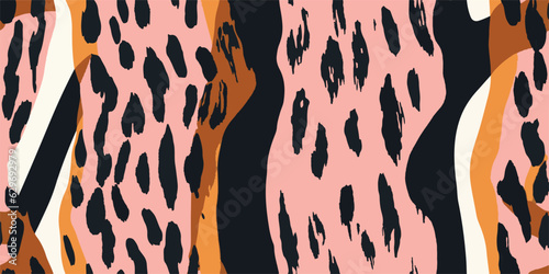 Modern striped leopard skin seamless pattern. Hand drawn trendy abstract print. Creative collage seamless pattern.