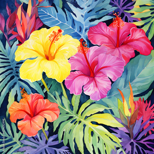 tropical leaves and hibiscus patterns