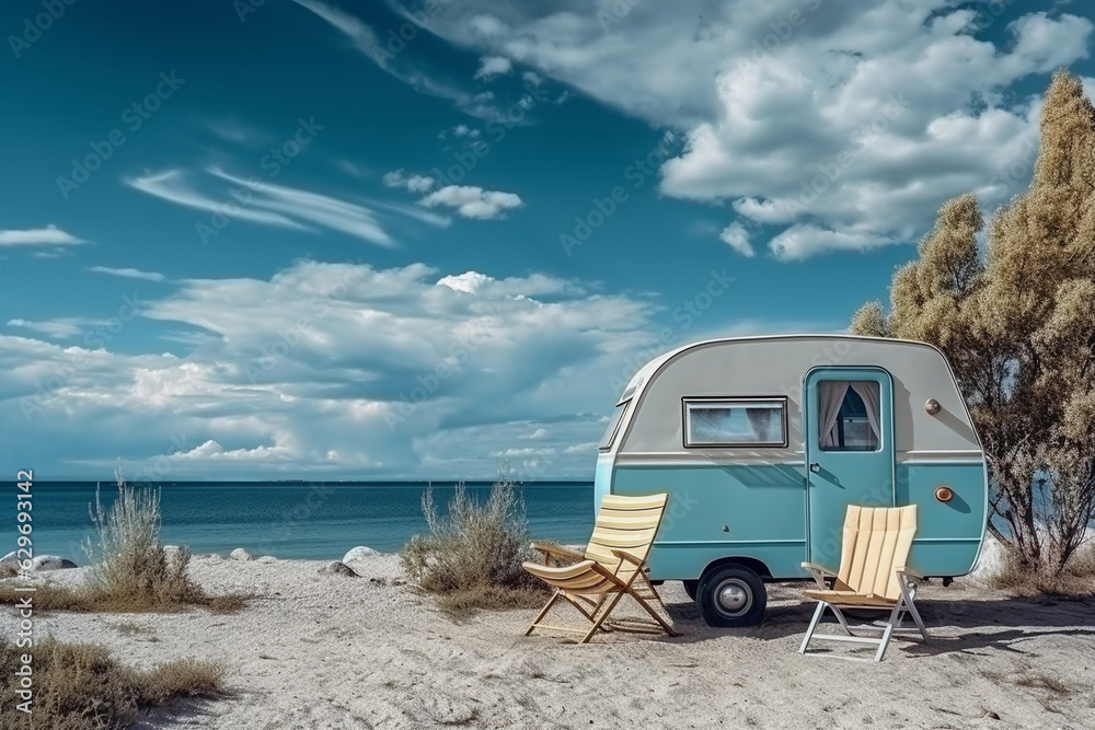 Vacation with Caravan car. Family travel RV, holiday trip in motorhome with beautiful nature landscape