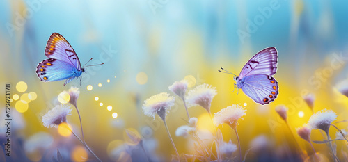 Macro of beautiful butterfly flying near flowers in spring at sunrise on light background. Banner, copy space © uv_group