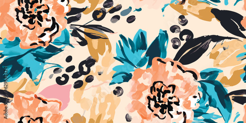 Trendy contemporary floral seamless pattern with leopard print. Fashionable template for design. Soft feminine pastel palette.