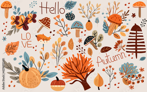 Boho banner with elements autumn, colored trees, autumn leaves, mushrooms and pumpkin. Perfect for web, harvest festival, banner, card and Thanksgiving. Vector © YustynaOlha