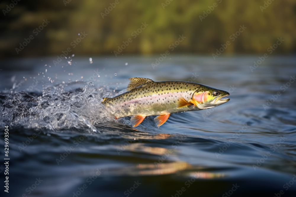 Rainbow trout fish jumping out of river water created with Generative AI technology Rainbow trout fish jumping out of river water created with Generative AI technology
