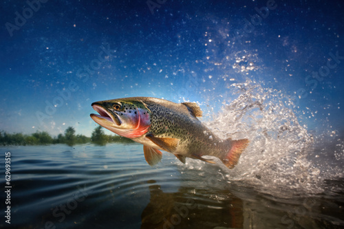 Rainbow trout fish jumping out of river water created with Generative AI technology © Laughing Cat
