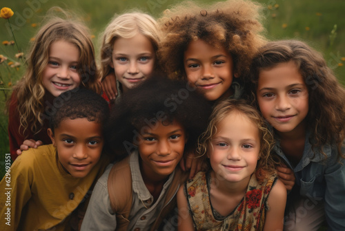 Children from different cultures, races, and ethnicities enjoy together in a meadow with flowers , demonstrating that multiculturalism is an opportunity to build a more just and supportive world