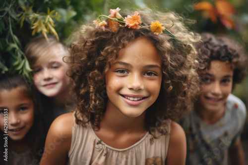 Children from different cultures, races, and ethnicities enjoy together in a meadow with flowers , demonstrating that multiculturalism is an opportunity to build a more just and supportive world