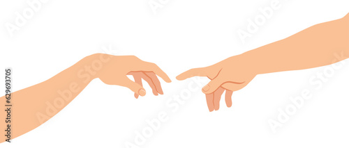 Hands reaching out for touch creation of Adam. Iconic biblical scene representation symbol of faith and support. Vector illustration