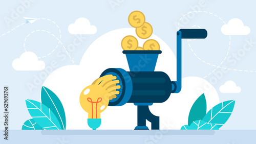 Fee per idea. Pennies fall into a meat grinder and turn into an idea. The concept of creative payment. Finance business, coins fall into a meat grinder and transformed light bulb. Vector illustration