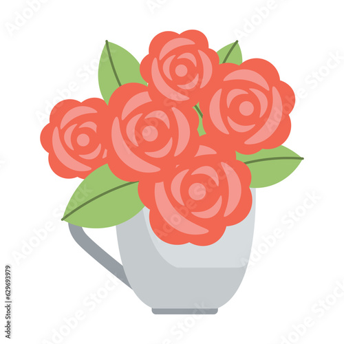 Cofee cup hand drawn red roses flowers. Vector illustration. Simple flat style.
