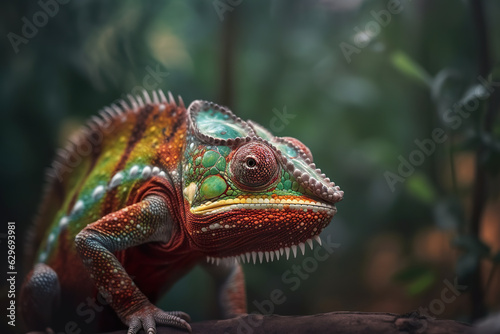 Chameleon with many colors in tropical jungle. Chameleon on a branch in beautiful colors with blurred jungle background. Colorfull chameleon. Realistic 3D illustration. Generative AI