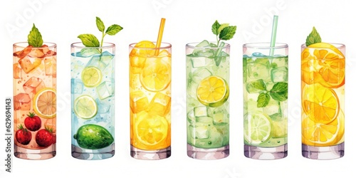 Set of lemonades on a white background, watercolor. Generative AI