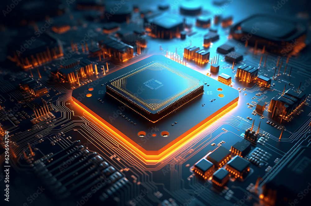 Microcircuit cyberspace closeup. Tech science background. Integrated communication processor