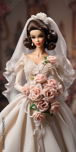 beautiful doll brunette in a wedding dress. Wedding doll. Generative AI photo