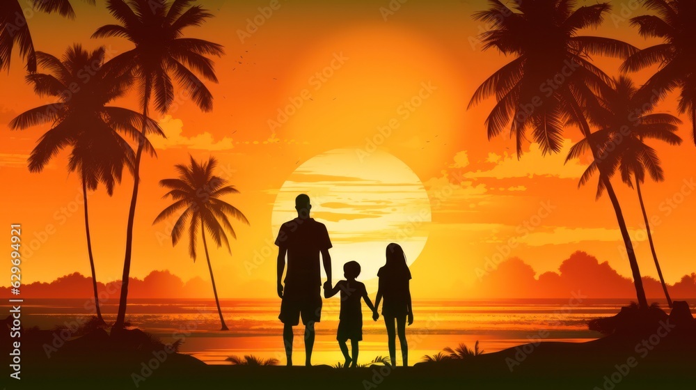 silhouette of a happy family holding hands against the backdrop of sunset and palm trees. 