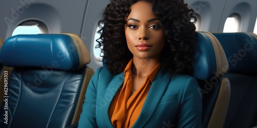 African woman on a plane in a business suit. Generative AI © 22_monkeyzzz