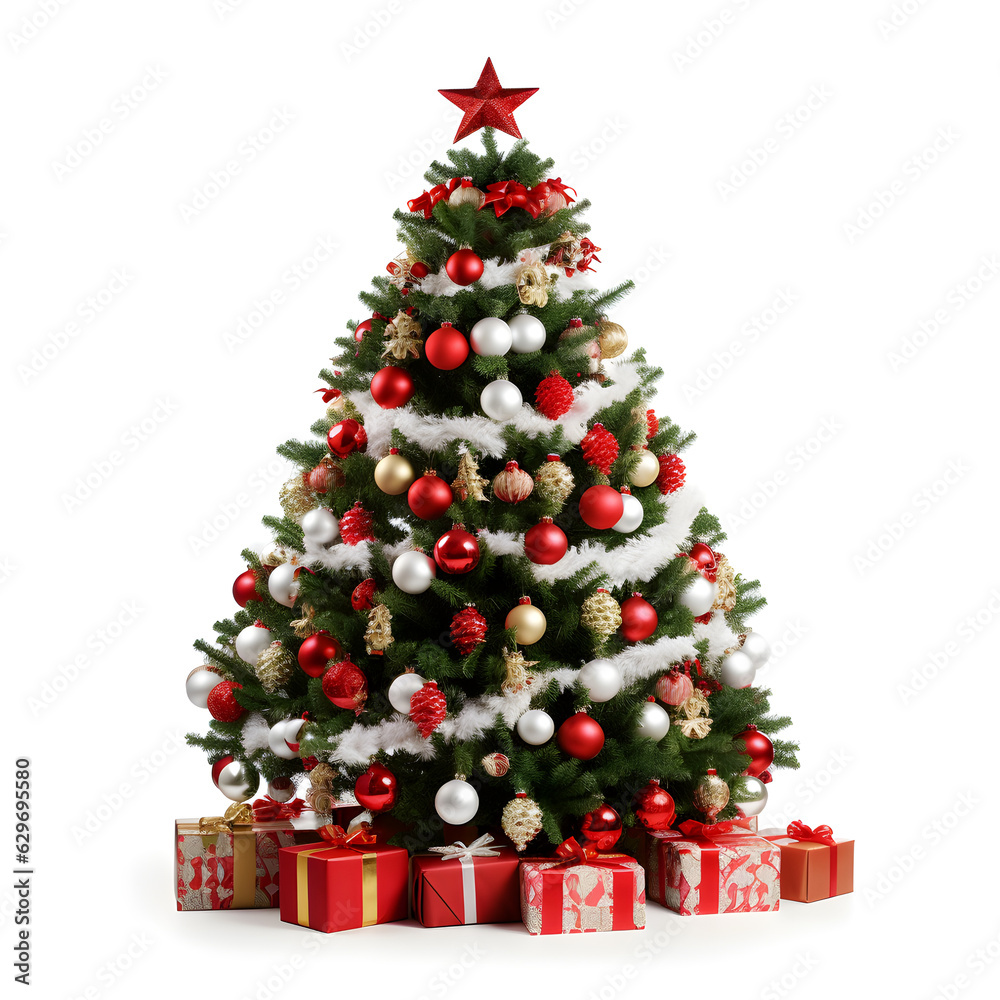 3d render of a realistic Christmas tree, decorated with red and gold baubles, star and gift