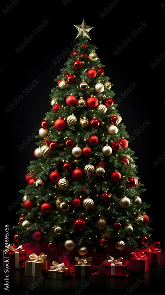 Christmas tree with gifts, shiny decorated christmas tree,  gold red decoration ball, Christmas tree isolated on black background