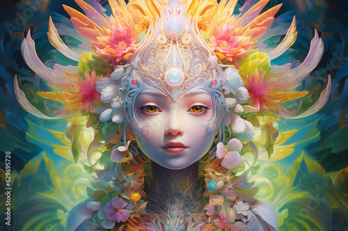 Young girl in pastel colorful flowers crown  psychedelic art. Generative AI