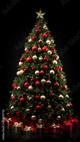 Christmas tree with gifts, shiny decorated christmas tree,  gold red decoration ball, Christmas tree isolated on black background