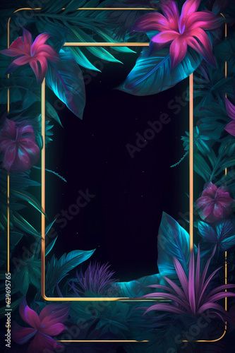 Neon rrame mockup with Tropical leaves and flowers. Generative ai