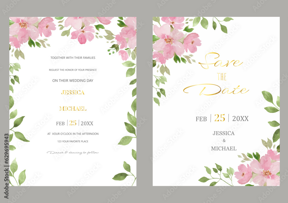 Wedding invitation card template set with painted floral leaves. Hand drawn illustration. Vector EPS.
