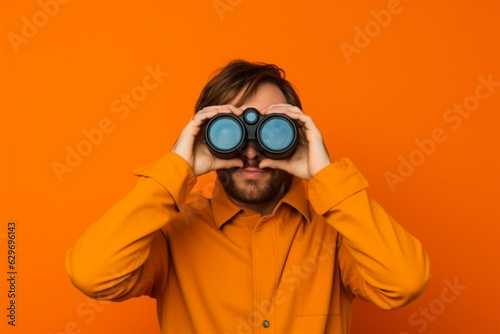  a man carefully look through binoculars on a orange background.generative AI.