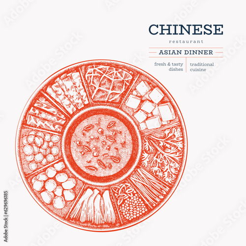 Chinese Dish Illustration. Vector Hand Drawn Isolated Hot Pot. Vintage Style Asian Food Illustration.
