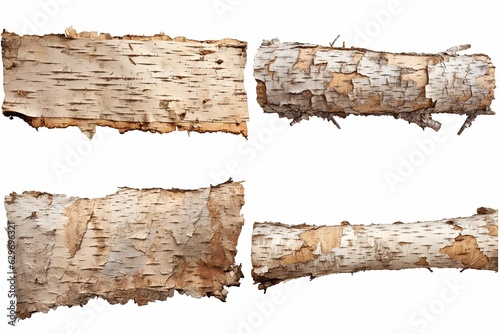 set of birch bark isolated on white background.