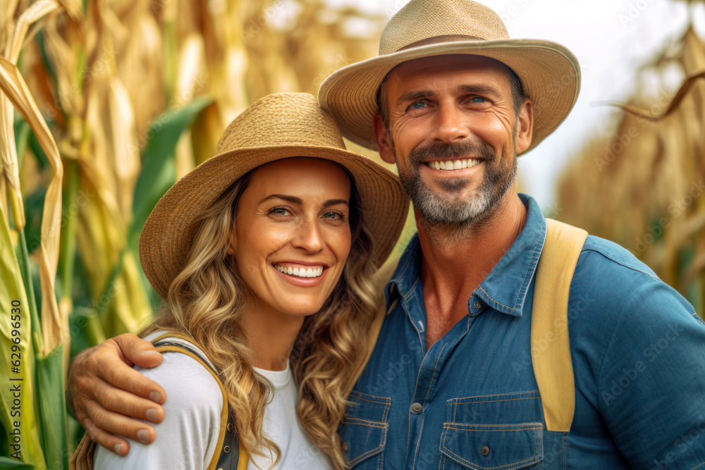 Portrait of a happy middle-aged couple of farmers standing against the backdrop of a cornfield. Happy local farmers in the field. Concept of locally grown food. Generative AI