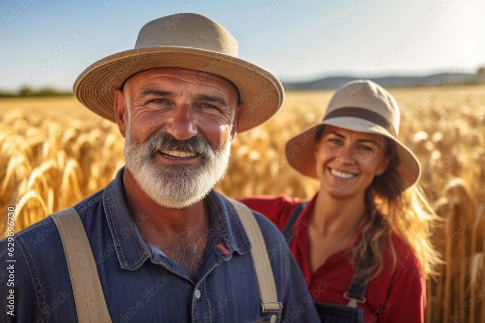 A Smiling adult male and female local farmers standing against the backdrop of a wheat field are preparing for the harvest. Concept of countryside occupation. Generative AI